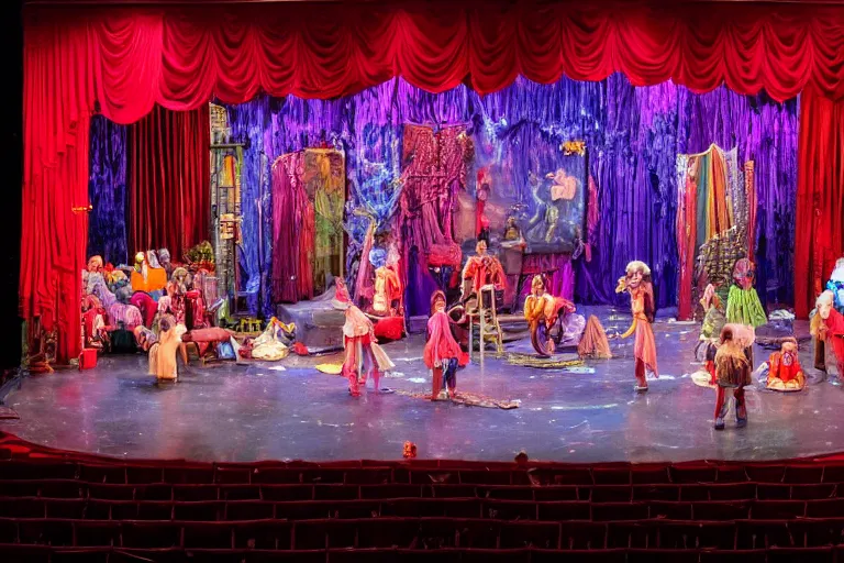 Prompt: photo of a huge theaterstage, stage is decorated as 7 0 ties kitchen and living room, theater curtains are red, 3 actors in hippy costumes with big wigs standing on stage singing, 8 k, multicolored, exaggerated detailed, long shot