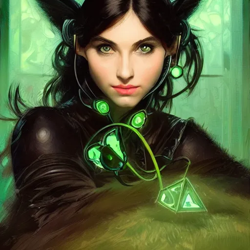 Prompt: black cat with green eyes and a headset sitting infront of a PC screen with a bright background, D&D, fantasy, intricate, elegant, highly detailed, digital painting, artstation, concept art, smooth, sharp focus, illustration, art by artgerm and greg rutkowski and alphonse mucha