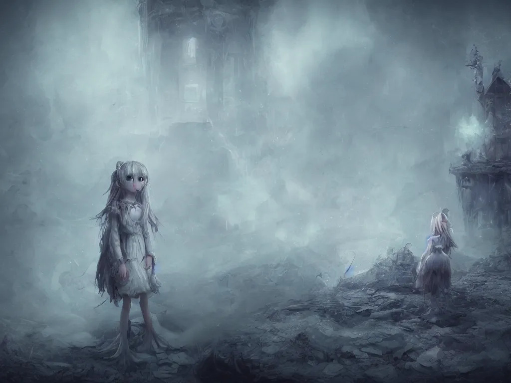 Image similar to dreamlike sketch painting cute fumo plush girl in tattered ghostly robes in the watchtower of a fallen civilization, long wisps of volumetric smoke, runic markings, f / 2. 8, vray