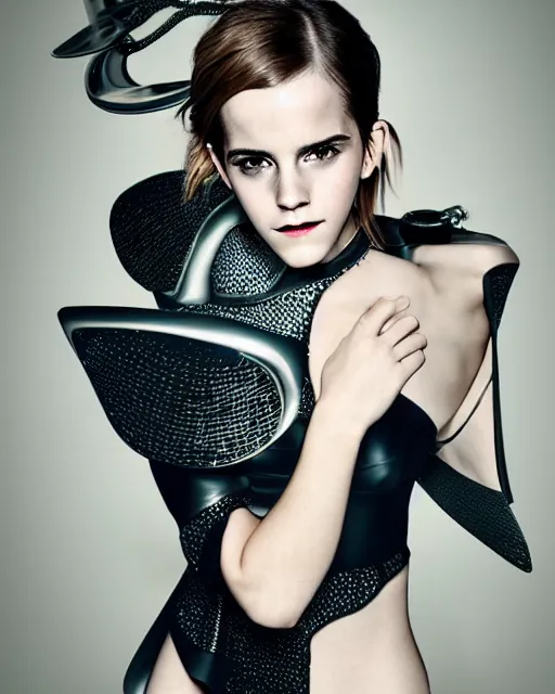 Image similar to emma watson wearing a futuristic metal kimono, half body portrait, greg kutkowski, sharp details, subsurface scattering, pearls of sweat, glistening skin, warm lighting