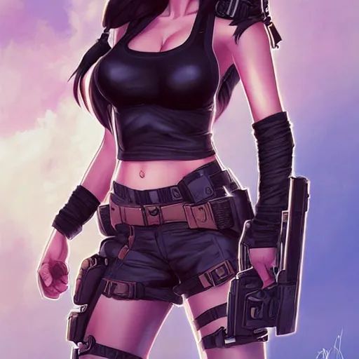 Prompt: concept art illustration of young christina hendricks natalie portman as lara croft anime protagonist, art by artgerm and rosstran