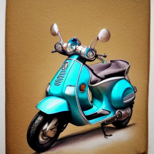 Image similar to hyper realistic pencil drawing of a turquoise vespa moped, water color, detailed, rim light, diffused, intricate, by anna dittmann,