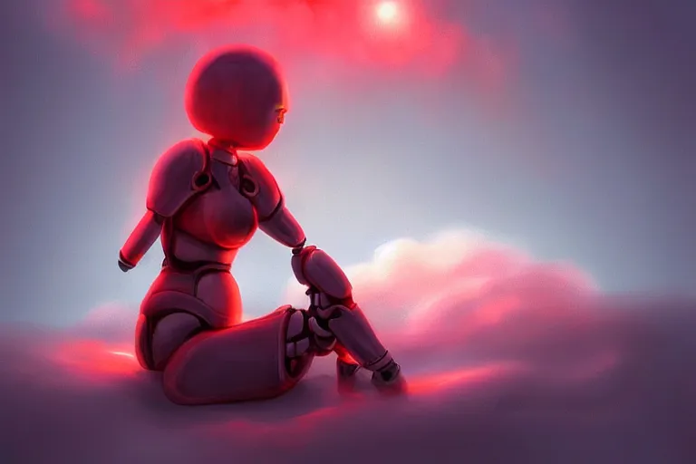 Image similar to a cute robot girl sitting on a cloud relaxing, red lighting, mist, digital art,