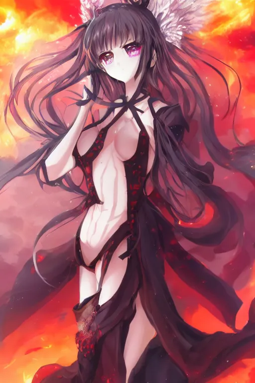 Image similar to a anime of beautiful full body concept art, ultra beautiful face, queen of hell wearing full fire clothing standing in a field, pixiv fanbox