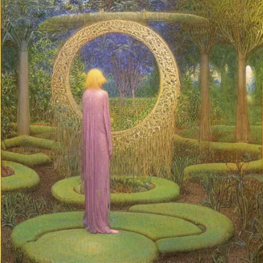 Prompt: a portal in a mysterious garden filled with spherical plants, artwork by jean delville, trending on art station