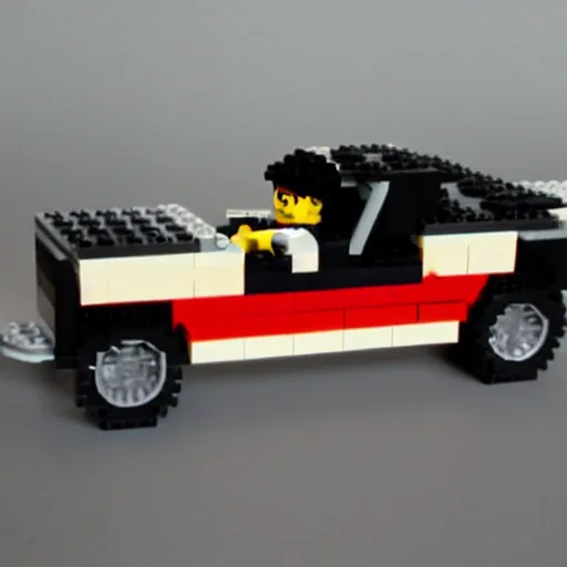 Prompt: nwa ice cube made out of lego driving a lego lowrider in a lego world