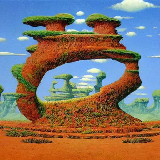 Image similar to a cylindrical pit in the ground, painting by Roger Dean