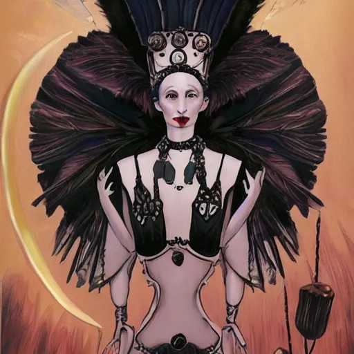 Prompt: Anna pavlova as beautiful dark angel gothic atompunk evil Disney villain queen with black feather hair, feathers growing out of skin, in front of space station window, highly detailed, dreamy, oil painting, Mike mignola, trending on artstation, comic book cover, illustration