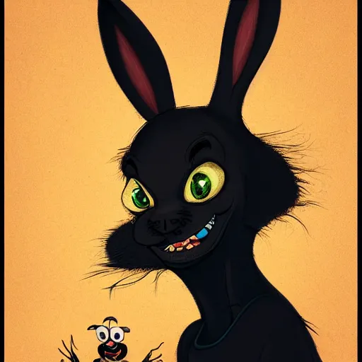 Image similar to A extremely highly detailed majestic hi-res beautiful, highly detailed head and shoulders portrait of a scary terrifying, horrifying, creepy black cartoon rabbit with scary big eyes, earing a shirt laughing, hey buddy, let's be friends, in the style of Walt Disney