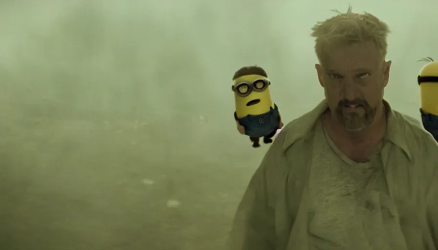 Image similar to the movie se7en!!!!!!!!!!! starring ((minions)), movie still, directed by David fincher