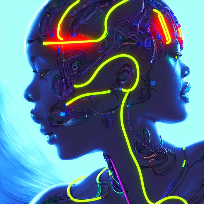 Image similar to beautiful african organic cyborg, neon tube connections, diffuse lighting, fantasy, intricate, highly detailed, lifelike, photorealistic, digital painting, artstation, illustration, concept art, smooth, sharp focus