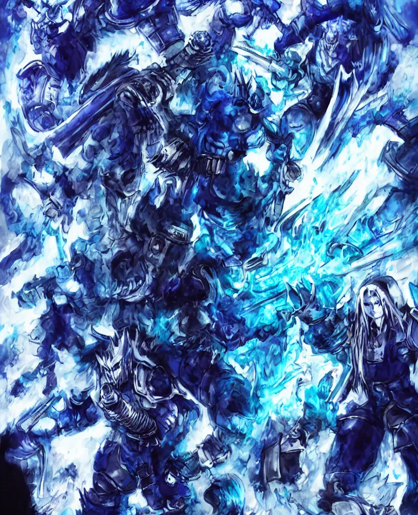 Prompt: a big blue demon in the style of Final Fantasy VII