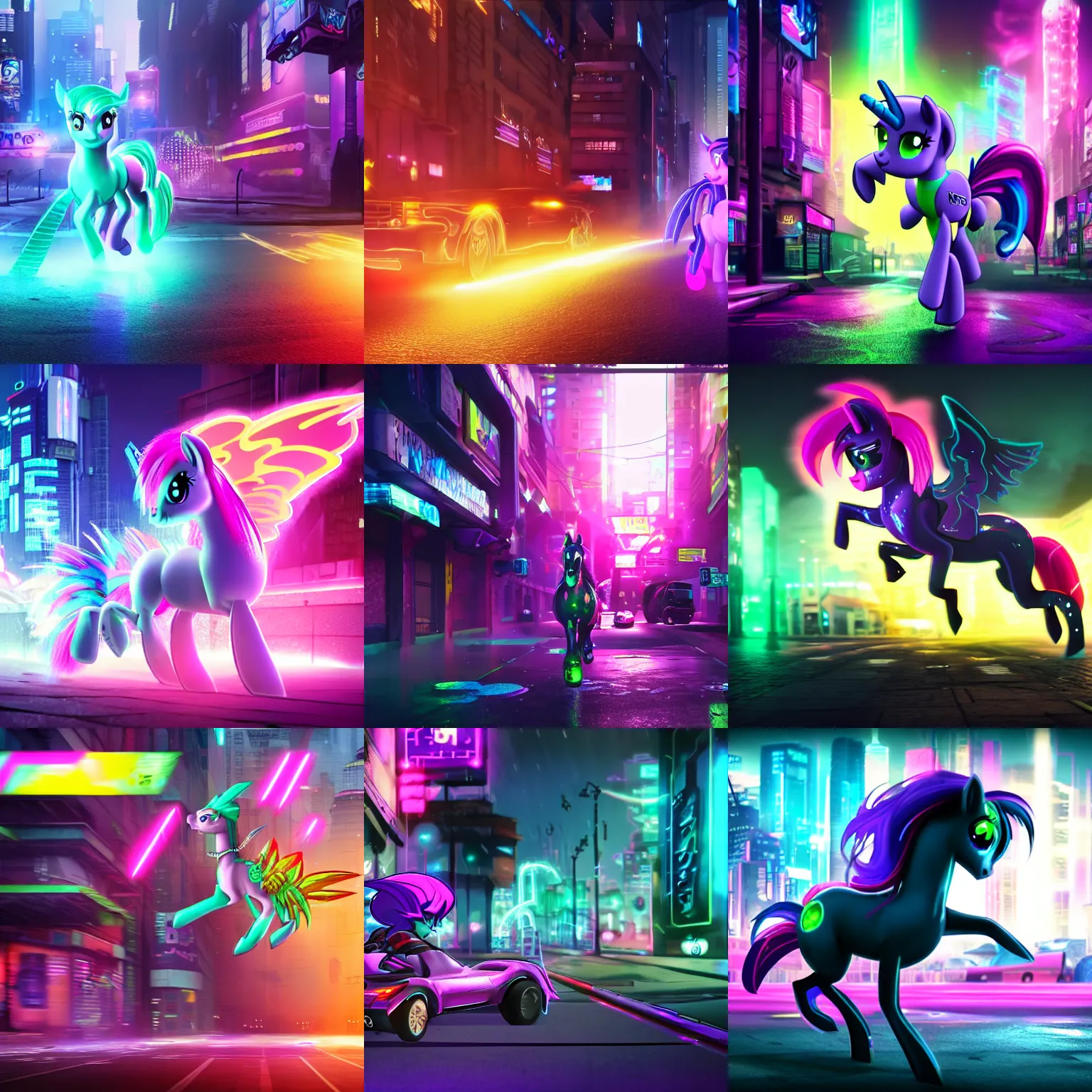 Prompt: Cyberpunk My Little Pony running fast, 3d rendered, 8k, speedy shot and vfx, splashes, sparks, neon light in the street