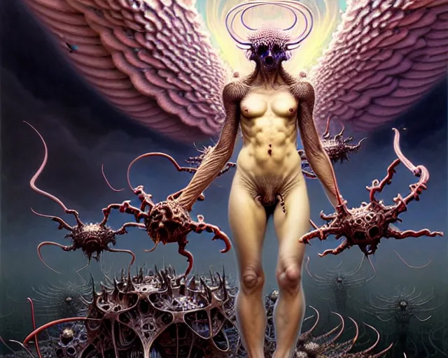 Image similar to drone view of an angel surrounded by an army of endless demons, fantasy character portrait made of fractals facing each other, ultra realistic, wide angle, intricate details, the fifth element artifacts, highly detailed by peter mohrbacher, hajime sorayama, wayne barlowe, boris vallejo, aaron horkey, gaston bussiere, craig mullins