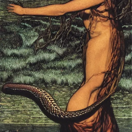 Prompt: gloomy by robert kirkman, by carlos schwabe. a beautiful art installation of a snake eating its own tail that seems to go on forever.