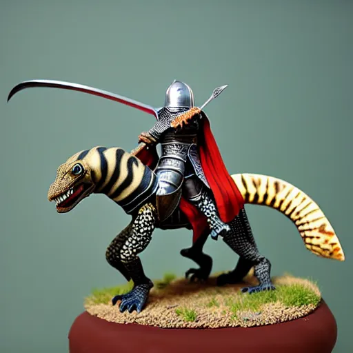 Prompt: A medieval knight riding on a giant leopard gecko, highly detailed, painted wargaming miniature