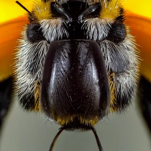 Image similar to an extreme close - up symmetrical portrait of a bee on a flower, photographic filter, unreal engine 5, realistic, hyperdetailed, 8 k, cinematic, volumetric lighting, very realistic effect, hd, hdr, 4 k, sharp focus, octane render, ultra detailed, high resolution, trending on artstation in the style of albert dros glowing rich colors powerful imagery