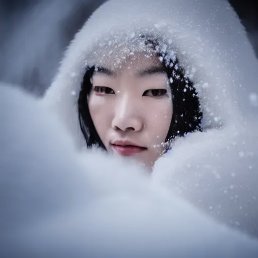 Prompt: the piercing stare of yuki onna, snowstorm, blizzard, mountain snow, canon eos r 6, bokeh, outline glow, beauty