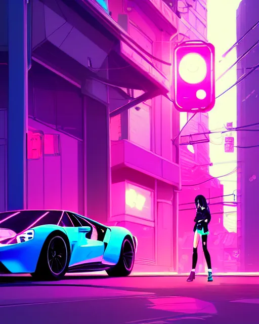 Image similar to digital illustration of cyberpunk pretty girl with pink hair, standing by a blue ford gt in a street at night, under streetlights, by makoto shinkai, ilya kuvshinov, lois van baarle, rossdraws, basquiat