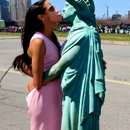 Image similar to lady liberty making out with alexandria ocasio - cortez, very realistic, hyper real, photojournalism