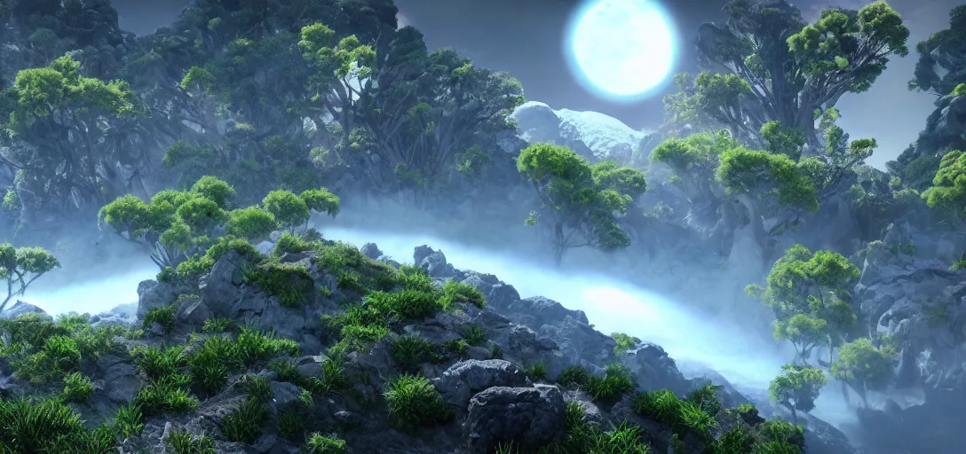 Prompt: a hyper real image of exoplanet flora on an alien world, rendered in unreal engine.