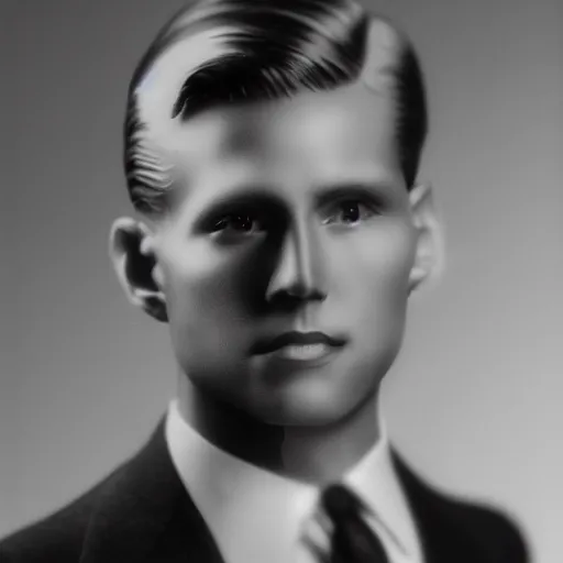 Image similar to A photograph portrait of Jerma985 wearing a suit with short slicked hair in the early 1930s, taken in the early 1930s, grainy, taken on a early 1930s Kodak Camera, realistic, hyperrealistic, very realistic, highly detailed, very detailed, extremely detailed, detailed, digital art, trending on artstation