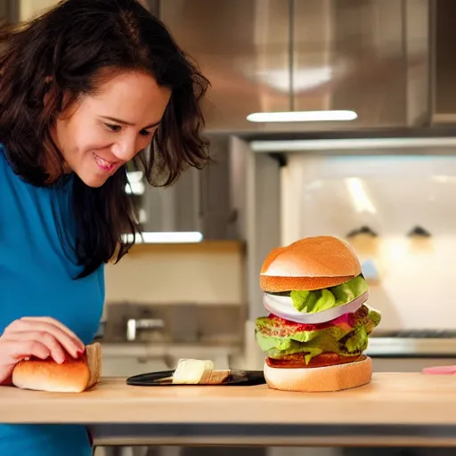 Image similar to A woman is watching her home nanotech fabrication appliance fabricate a sandwich,