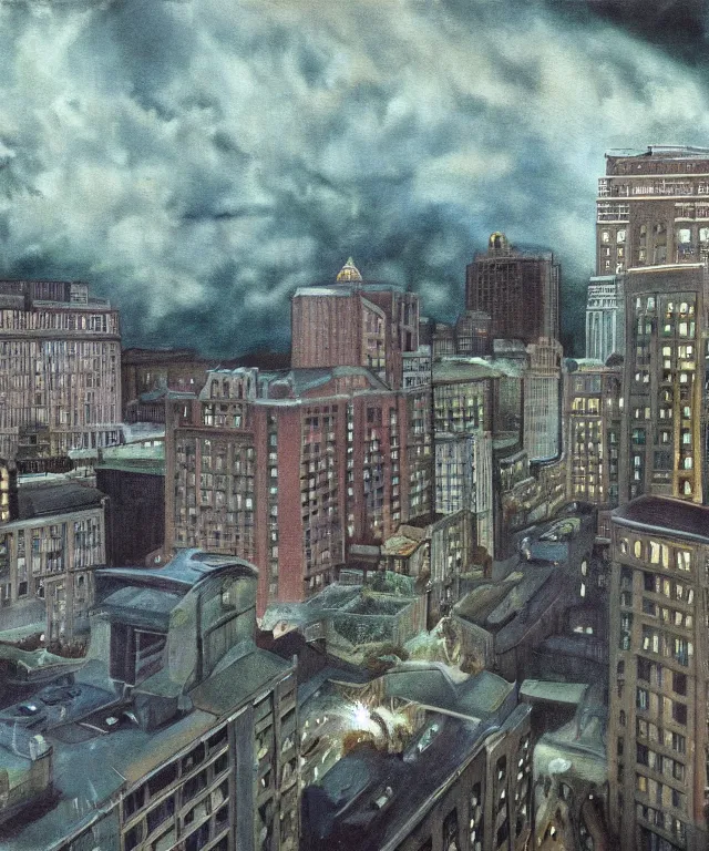 Image similar to horrifying full color photorealistic painting of a 1 9 2 5 hotel terrace overlooking a distored view of downtown boston with a cosmic sky, dark, atmospheric, brooding, smooth, finely detailed, cinematic, epic, in the style of lee gibbons