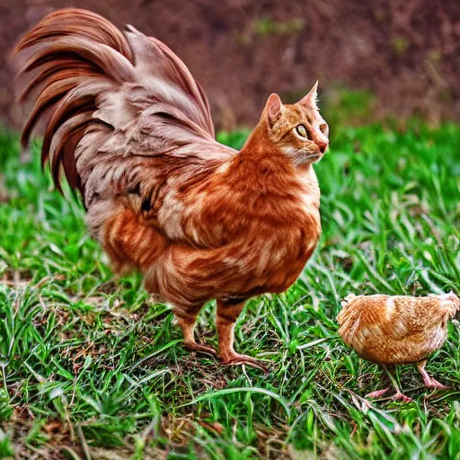 Prompt: hybrid of a cat and a chicken, wild species photography, natural lighting, award-winning, highly-detailed, 35mm lens