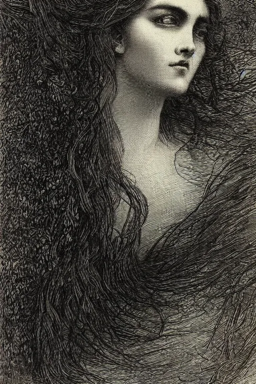 Image similar to extreme close-up covered by hair face of a woman forest background, Gustave Dore lithography