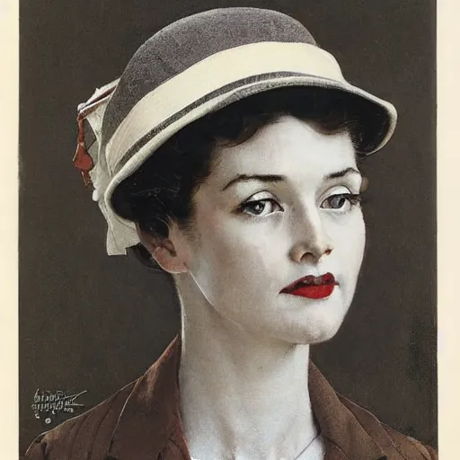 Prompt: frontal portrait of a woman wearing a kasa hat, by norman rockwell