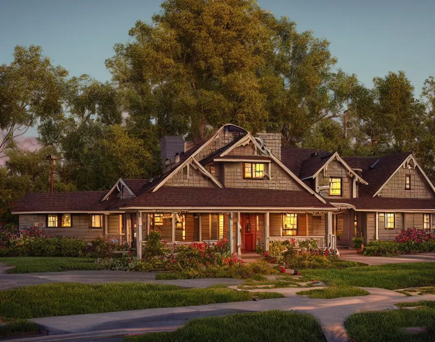 Prompt: craftsman home, idyllic 1950s suburb by Asher Durand. solar power, intricate artwork, octane render, cinematic, hyper realism, golden hour, octane render, 8k, depth of field, bokeh. iridescent accents. vibrant.