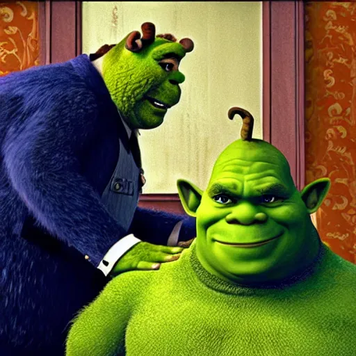 Image similar to movie frame screen shot, adolf hitler shaking hands with shrek, from shrek 2 ( 2 0 0 4 ), hd