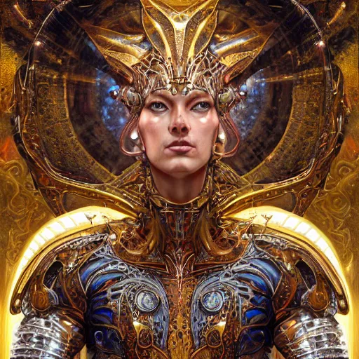 Image similar to a beautiful symmetrical muscular body wearing an armor made of golden ornaments and gems by alex gray and android jones , Karol Bak, Ayami Kojima, Amano , 3D, 8k resolution