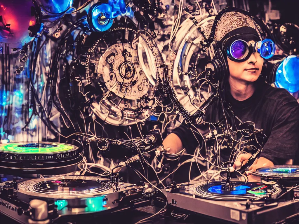 Image similar to a person wearing goggles and visor and headphones using a steampunk record player contraption, wires and tubes, turntablism dj scratching, intricate planetary gears, cinematic, imax, sharp focus, leds, bokeh, iridescent, black light, fog machine, hazy, lasers, hyper color digital art, cyberpunk