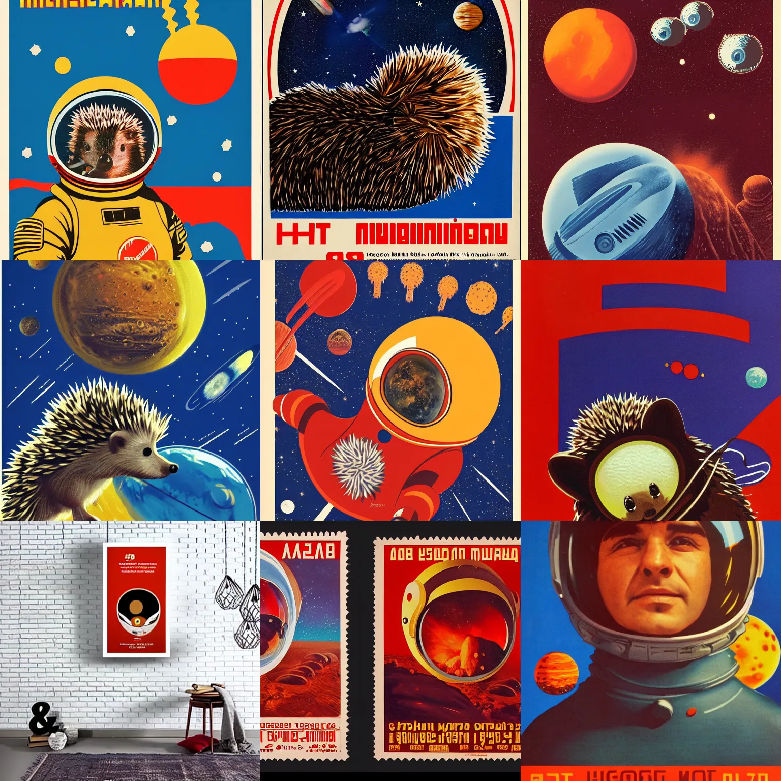 Prompt: Hedgehog cosmonaut portrait, planet mars, 60s poster, 1972 Soviet, 4k