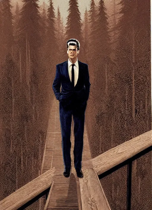 Image similar to dale cooper standing on a thin bridge, twin peaks poster art, from scene from twin peaks, by michael whelan, artgerm, retro, nostalgic, old fashioned, 1 9 8 0 s teen horror novel cover, book