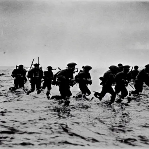 Prompt: the running soldiers in the sea in the d - day, by robert capa,