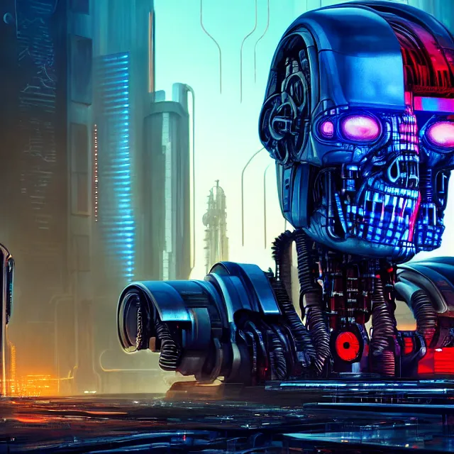 Prompt: Beautiful 3d render of the cyberpunk terminator illuminati robot, centered face, atmospheric lighting, painted, intricate, volumetric lighting, beautiful, rich deep colours masterpiece, sharp focus, ultra detailed, in the style of Dan Mumford and marc simonetti, with a crowded futuristic cyberpunk city in the background, astrophotgraphy