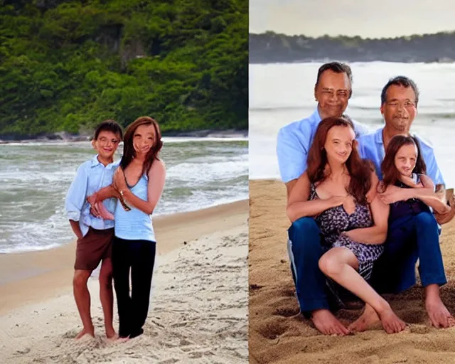 Prompt: happy father, mother, son, daughter, pose portrait on beach, realistic faces