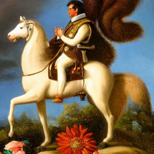 Image similar to a giant squirrel carrying napoleon bonaparte on its back, beach scene with flowers and foliage, detailed oil painting