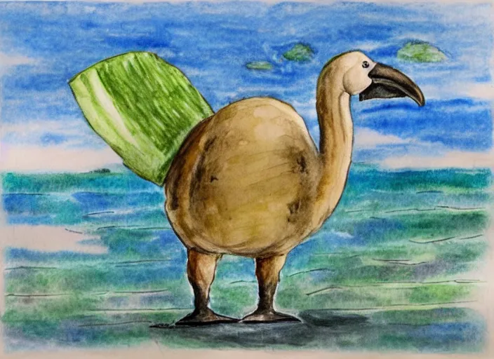 Prompt: a water color drawing of a dodo bird on a tropical island