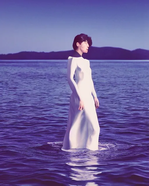 Image similar to a woman in a white dress standing in the water, an album cover by stanley twardowicz, trending on cg society, retrofuturism, retrowave, chillwave, synthwave