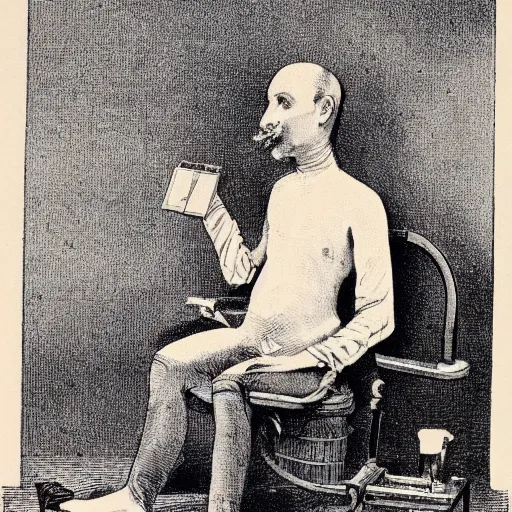 Image similar to a sick man suffering from the dreadful consequences of long-term gaming, Victorian medical illustration,