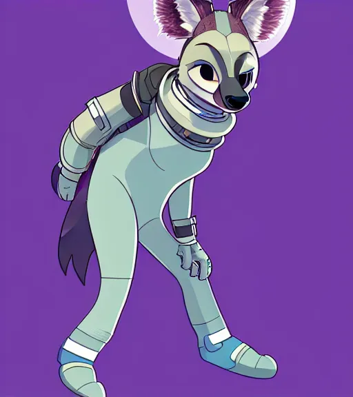 Image similar to digital detailed full body of anthromorphic female hyena, in style of zootopia, fursona, furry, furaffinity, 4 k, deviantart, wearing astronaut outfit, in style of zootopia, floating in space, space background, in deep space, dark background, hyena fursona, cyberpunk, female, stylized face,