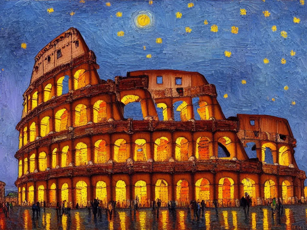 Image similar to trending on artstation, the Colosseum during sunset, oil on canvas, in the style of Vincent van Gogh