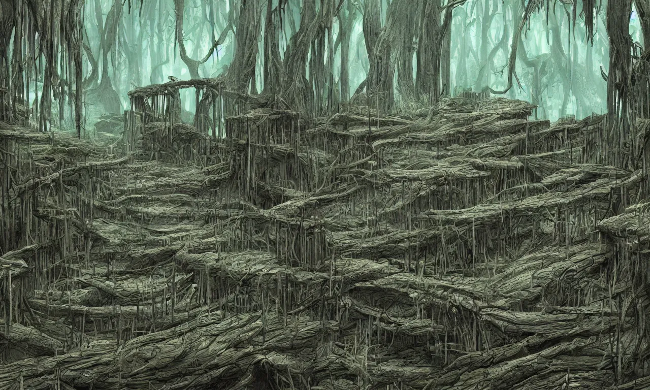 Image similar to rotten palisade, swamp, digital art, illustration, fantasy