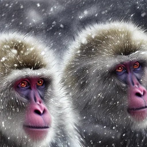 Prompt: portrait of snow monkeys, highly detailed, snow flurry, cold, steamy, desaturated, ultrarealistic, 8K, UE5, watercolor (dry brush)