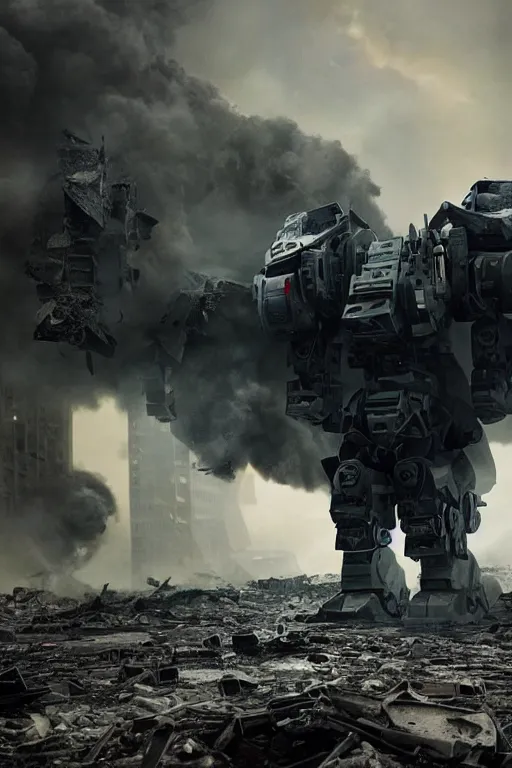 Prompt: vfx film closeup, futuristic giant powerful sci - fi war mech walking out, emerging from smoke and debris in war zone, crumbling buildings, flat color profile low - key lighting award winning photography arri alexa cinematography, hyper real photorealistic cinematic, atmospheric cool colorgrade