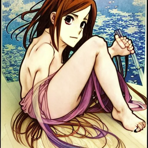 Prompt: cute anime feet, emma watson, alphonse mucha